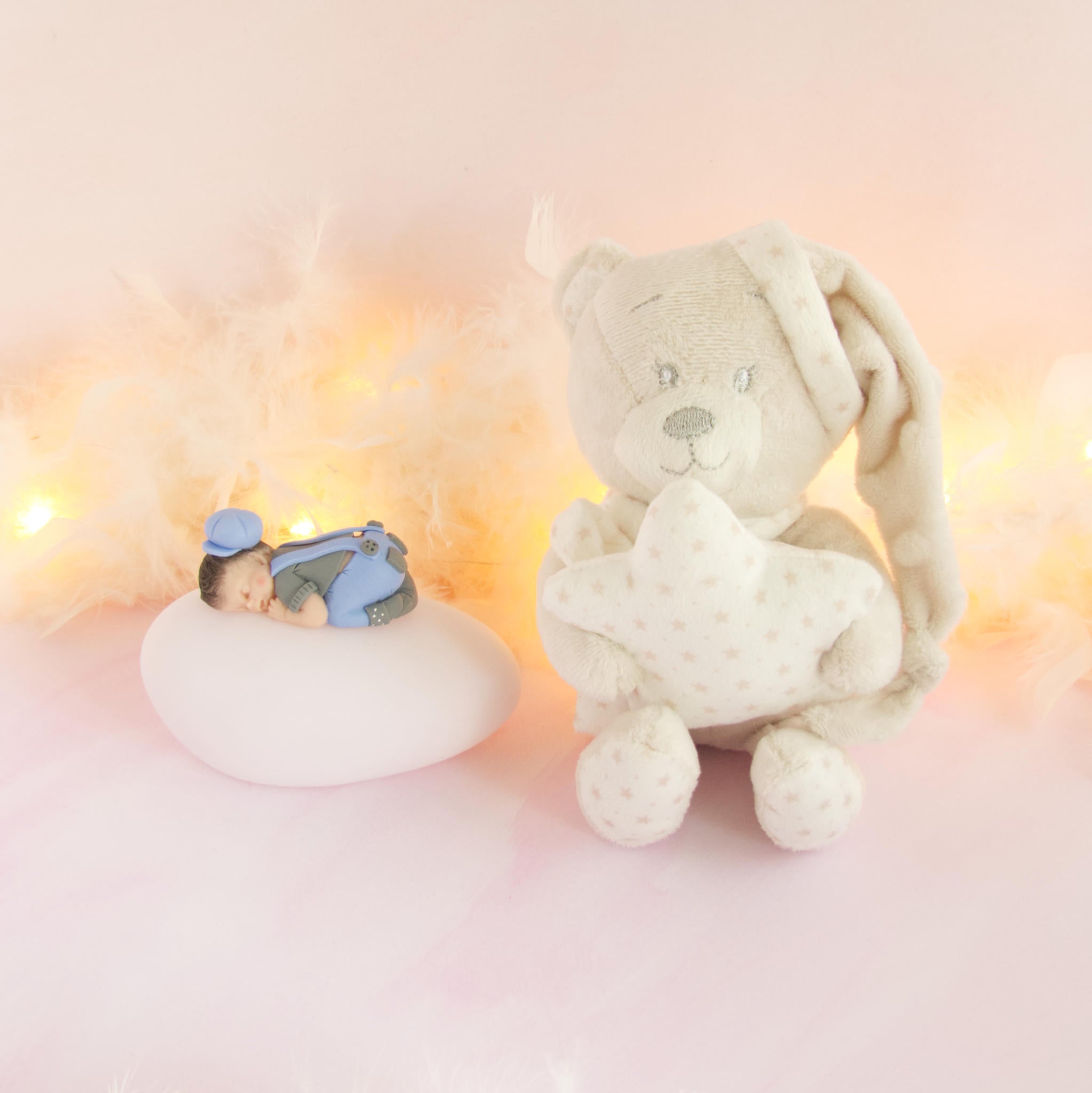 doudou beige veilleuse bleu gris