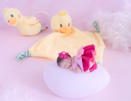 coffret veilleuse bébé fille framboise avec hochet et doudou canard jaune