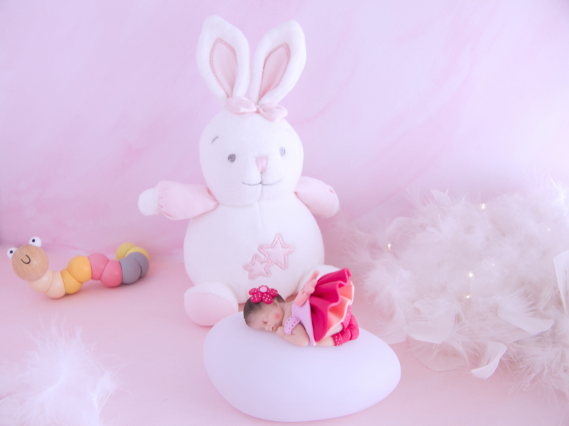 coffret veilleuse bébé fille framboise avec lapin musical blanc et rose