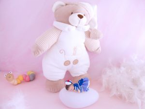 coffret veilleuse bébé fille marinière avec ours musical blanc