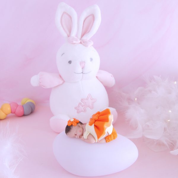 coffret veilleuse bébé fille orange avec lapin musical blanc et rose