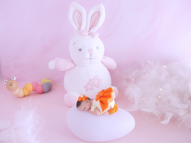 coffret veilleuse bébé fille orange avec lapin musical blanc et rose