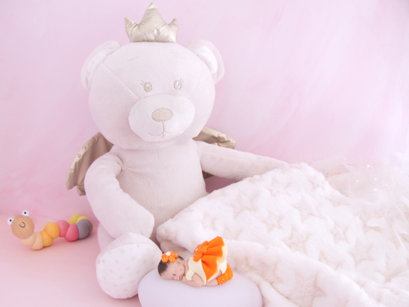 coffret veilleuse bébé fille orange avec ours et couverture beige
