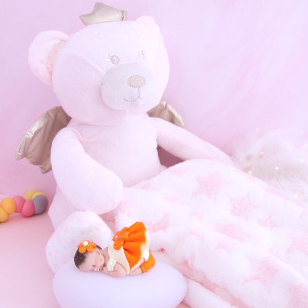 coffret veilleuse bébé fille orange avec ours et couverture rose