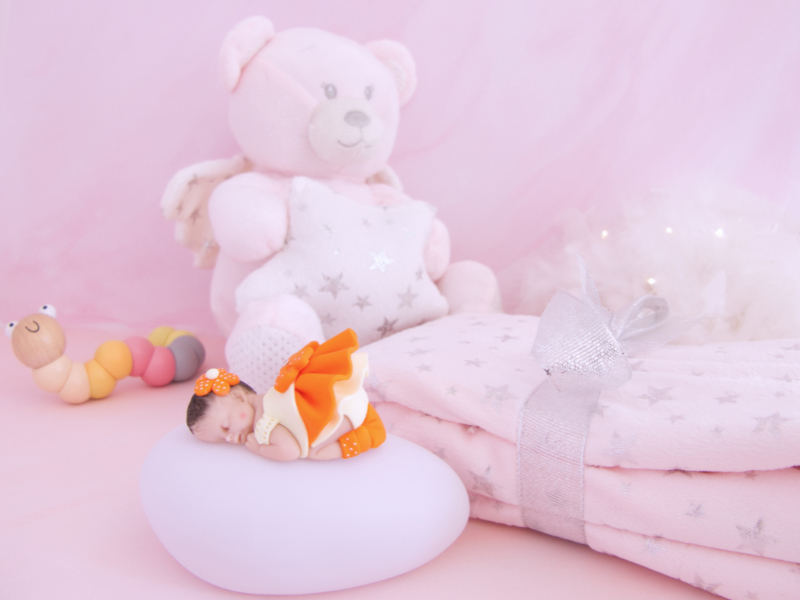 coffret veilleuse bébé fille orange avec ours étoile et couverture rose