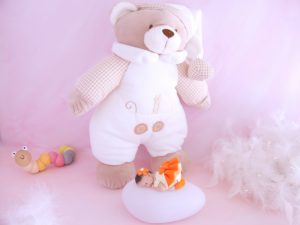 coffret veilleuse bébé fille orange avec ours musical blanc
