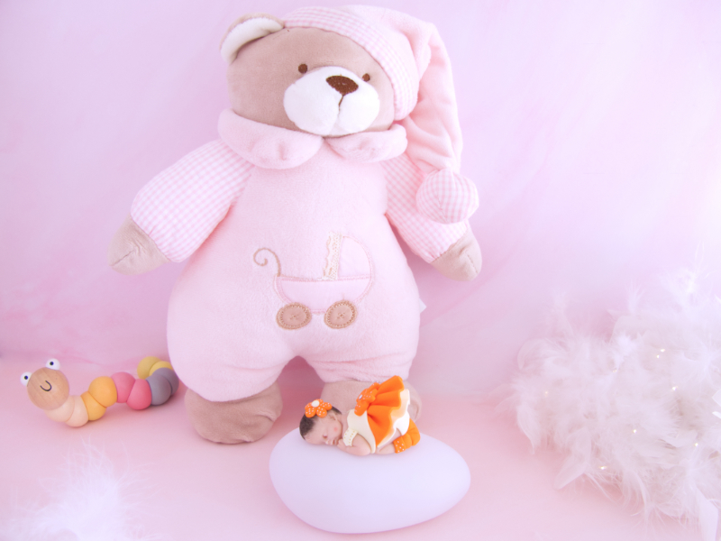 coffret veilleuse bébé fille orange avec ours musical rose