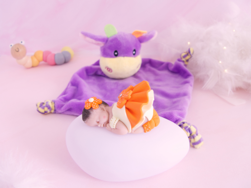 coffret veilleuse bébé fille orange avec doudou vache violet