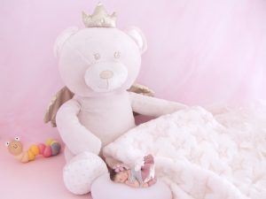 coffret veilleuse bébé fille rose antique avec ours et couverture beige