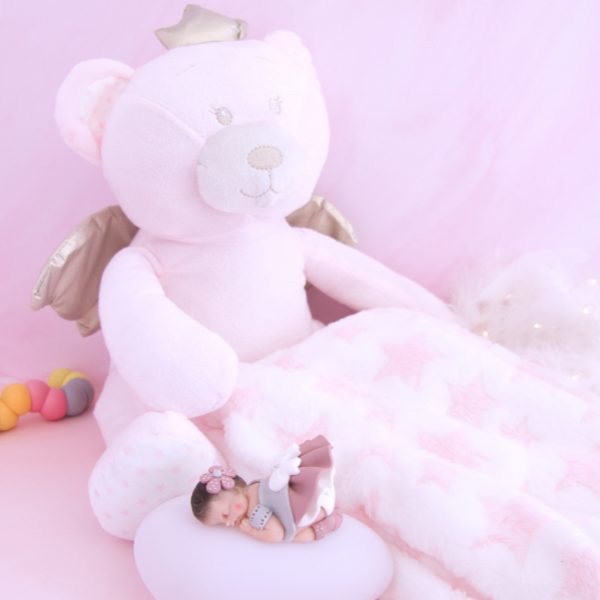 coffret veilleuse bébé fille rose antique avec ours et couverture rose