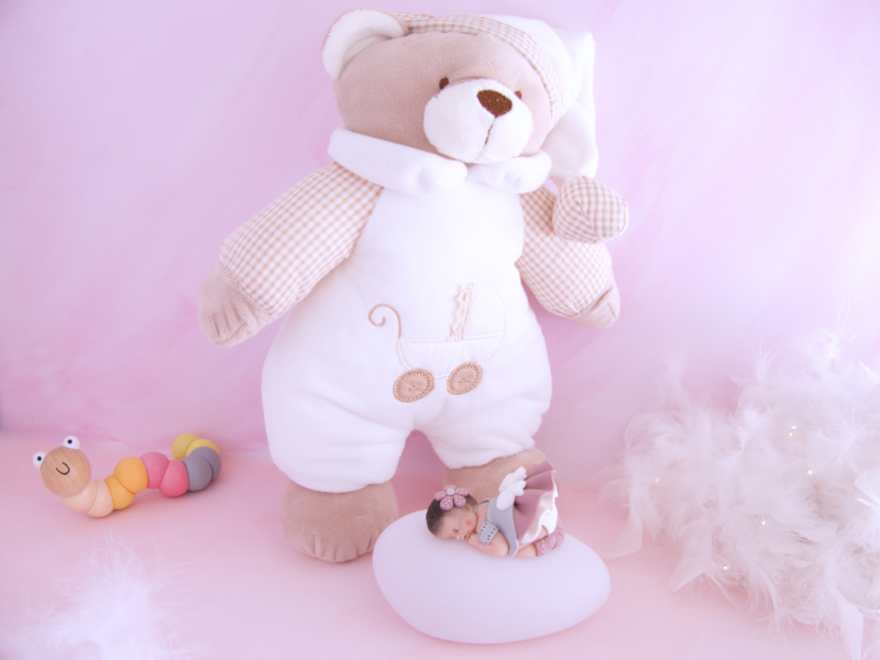 coffret veilleuse bébé fille rose antique avec ours musical blanc