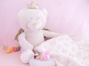coffret veilleuse bébé fille rose avec ours et couverture beige