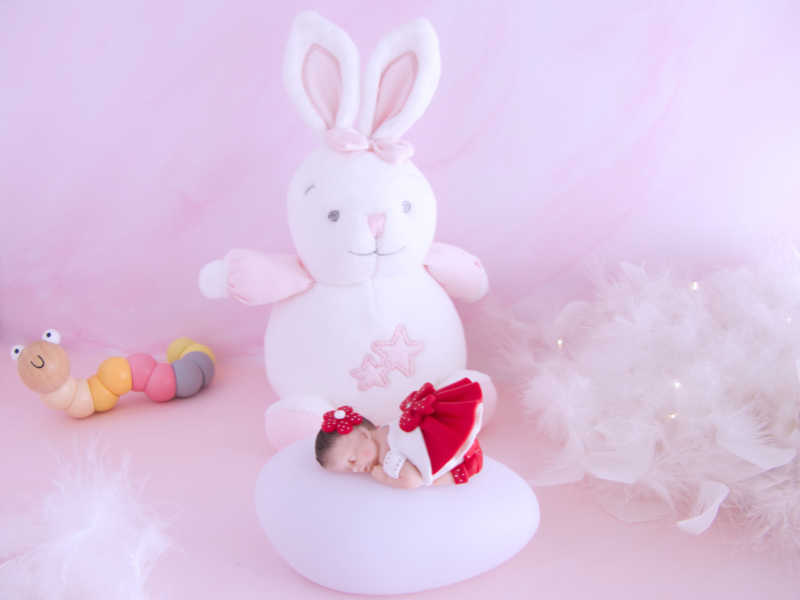 coffret veilleuse bébé fille rouge avec lapin musical blanc et rose