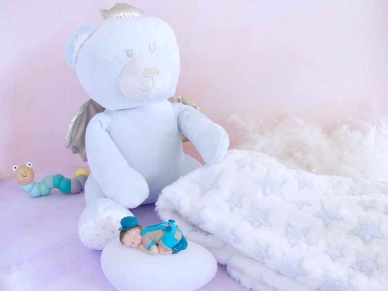 coffret veilleuse bébé garçon beige turquoise et doudou ours et couverture bleu