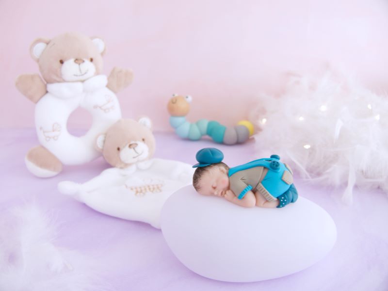 coffret veilleuse bébé garçon beige turquoise avec hochet et doudou ours blanc