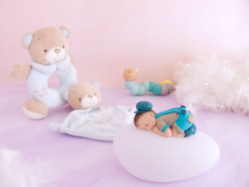 coffret veilleuse bébé garçon beige turquoise avec hochet et doudou ours bleu