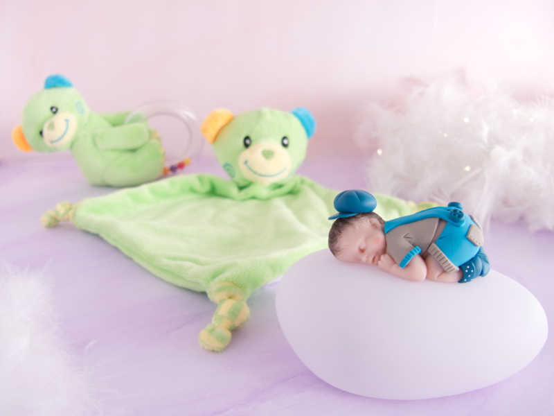 coffret veilleuse bébé garçon beige turquoise avec hochet et doudou ours vert