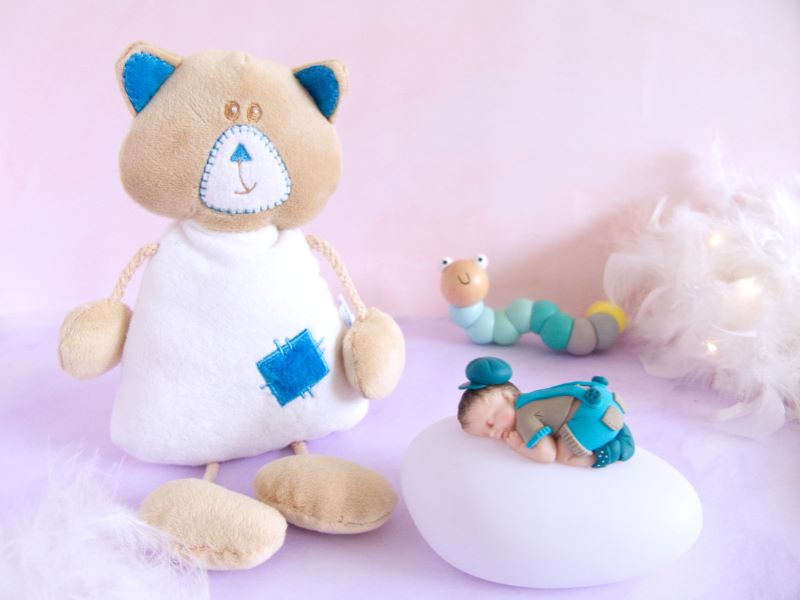 coffret veilleuse bébé garçon beige turquoise et doudou chat beige