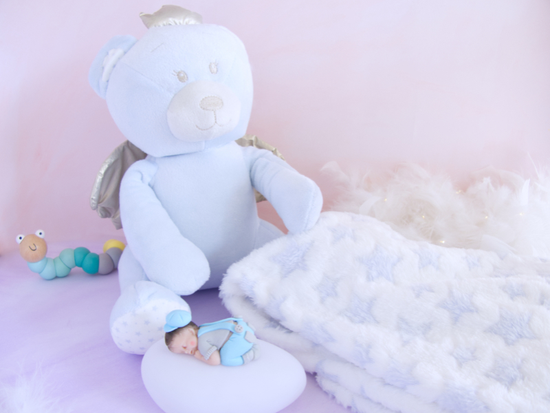coffret veilleuse bébé garçon bleu clair et doudou ours et couverture bleu