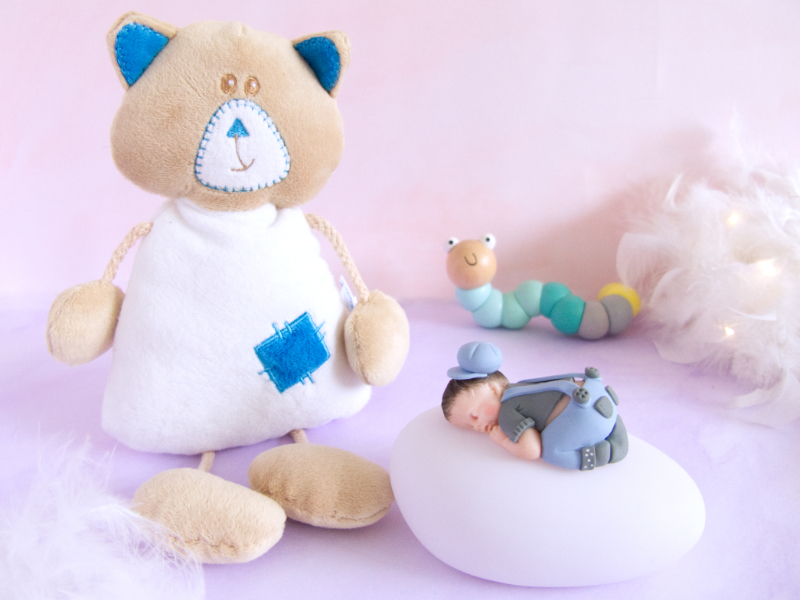 coffret veilleuse bébé garçon bleu gris doudou chat beige