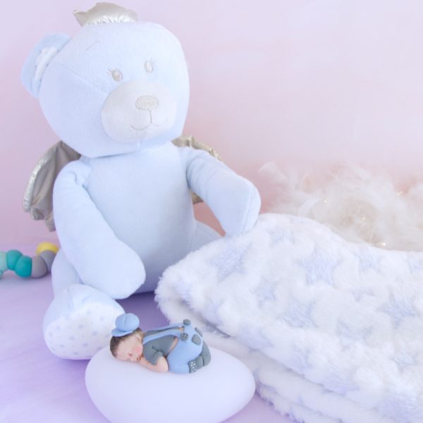 coffret veilleuse bébé garçon bleu gris et doudou ours et couverture bleu