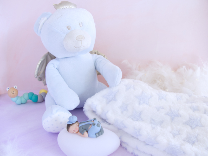 coffret veilleuse bébé garçon bleu gris et doudou ours et couverture bleu