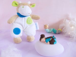 coffret veilleuse bébé garçon chocolat et turquoise doudou vache blanc bleu vert