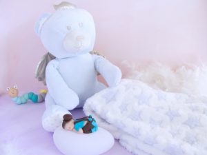coffret veilleuse bébé garçon choco turquoise et doudou ours et couverture bleu