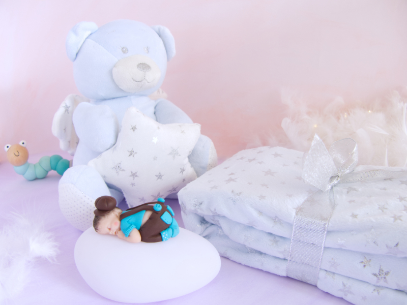 coffret veilleuse bébé garçon choco turquoise et doudou ours étoile et couverture bleu