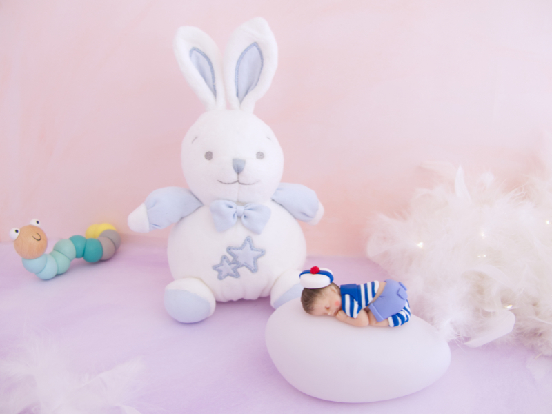 coffret veilleuse bébé garçon marin et lapin musical bleu et blanc